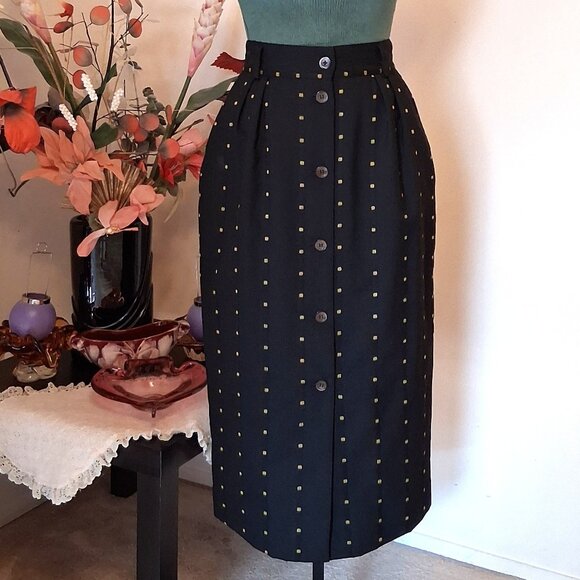 Vintage Mondi Black Green High Waist Wool Midi VTG Skirt - Picture 1 of 9